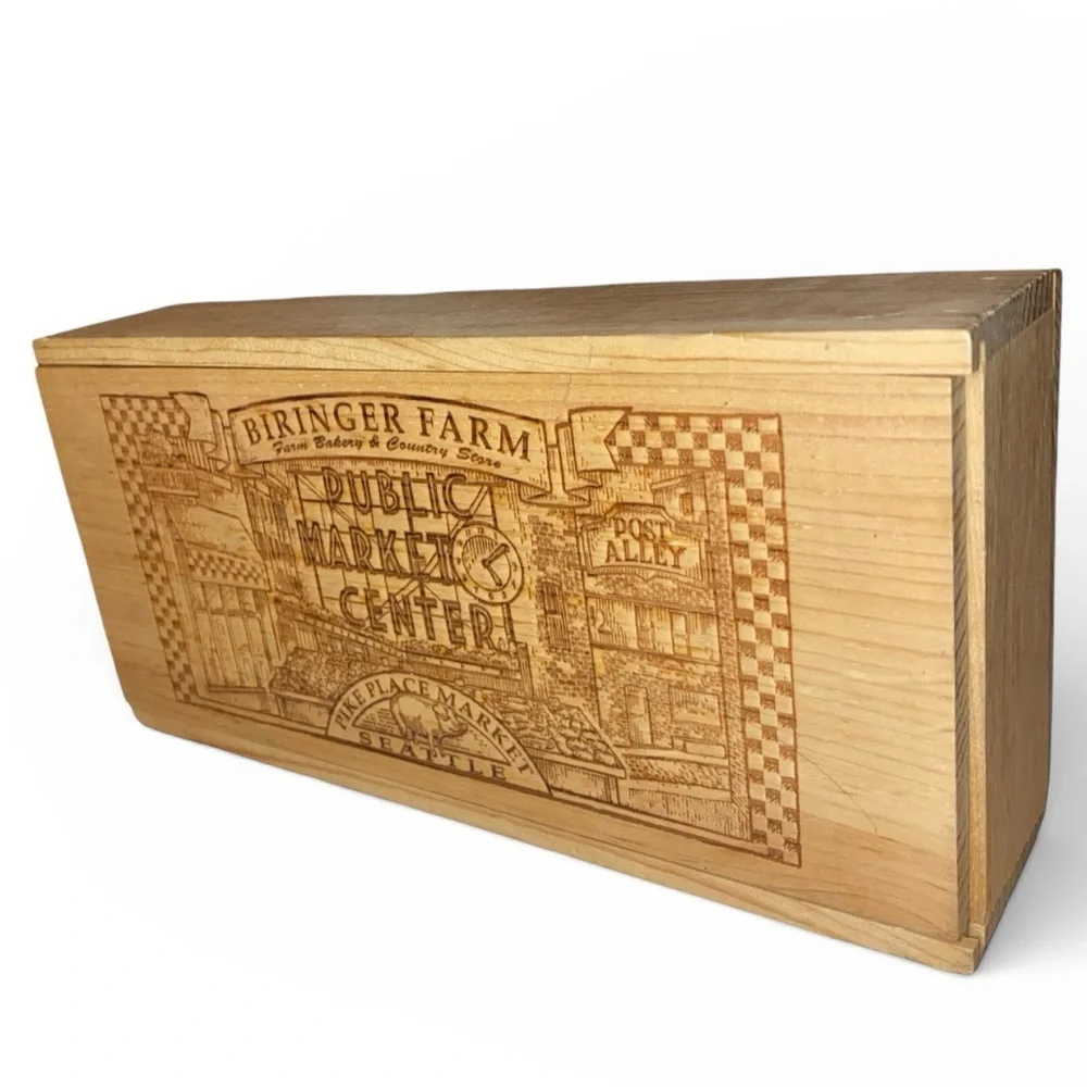 BIRINGER FARM Wooden Storage Box Sliding Lid Solid Wood Etched Engraved Design